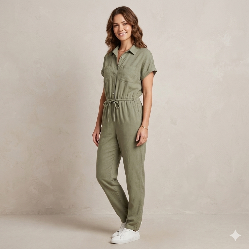 Linen Jumpsuit Jayna Olive  Elastic Waist  Lightweight Travel Summer Sz L NWT